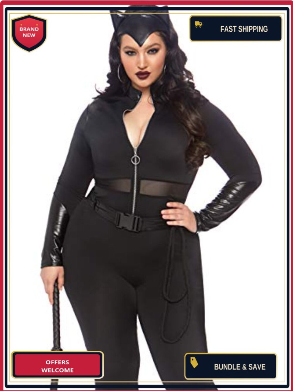 Plus Size 3 Pc Sultry Supervillain Costume Catsuit Belt Headband